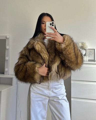 christmas outfit Sonicelife 2025 Chic Faux Fox Fur Warm Cropped Coat For Women Winter Thicken Lapel Long Sleeve Fluffy Jacket Female Fashion Thermal Outwear