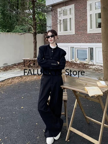 Sonicelife Black Two Piece Sets Women Outifits 2025 Autumn New Long Sleeve O Neck Cropped Blazer Coat + High Waisted Wide Leg Pant Suits