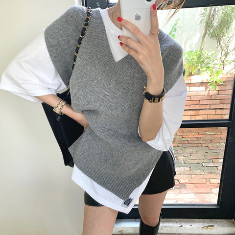 Sonicelife Streetwear Retro Sweater Vest Women Loose Korean V Neck Slit Harajuku Grey Knitted Vest Fall Vintage Casual All Match Tops