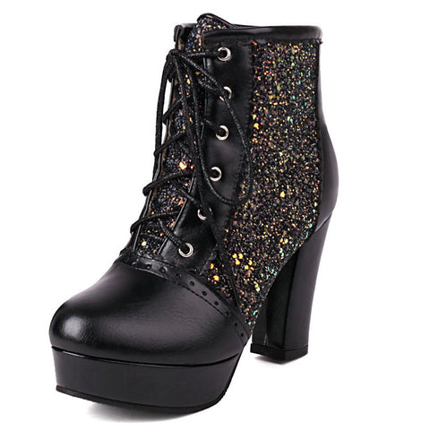 thanksgiving outfit Sonicelife Fashion Women Ankle Boots Round Toe Block High Heels 9cm Platform 2cm Glitter 46 47 48 Party Booties