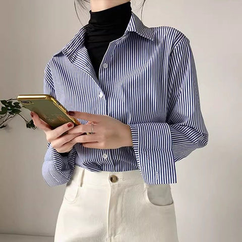 Sonicelife Chic Korean Striped Women Shirts Fall Long Sleeve Office Ladies Shirt Blue Elegant Button Up Female Tops New