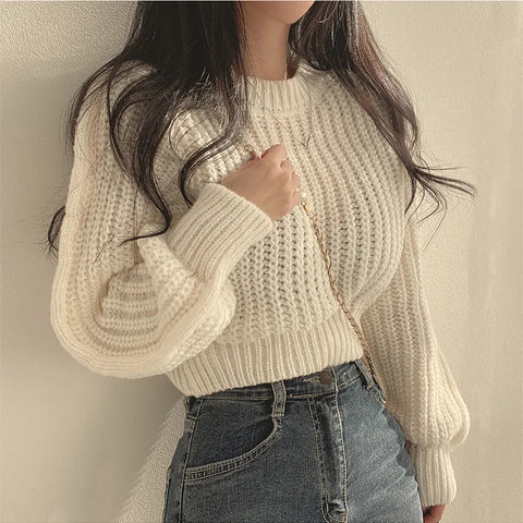 Black Friday Sonicelife Vintage Harajuku Sweater Women Loose Latern Sleeve Korean Fall Winter Knitted Cropped Tops Soft Warm Chic Solid Jumper Pullover