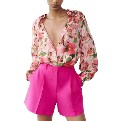 Sonicelife Women's Floral Printed Shirt Silk Satin Texture Fashionable Temperament Long Sleeved Single Breasted Top New