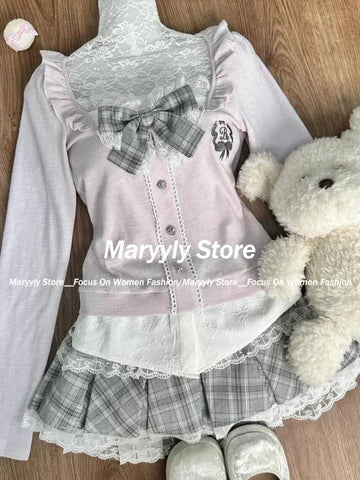 Sonicelife Japanese Sweet Preppy Style Skirt Set Women Kawaii Lace Patchwork Bow Tops + Y2k Plaid Mini Skirt Elegant Outifits 2 Piece Set