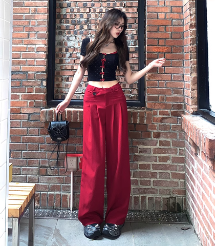 Sonicelife 2025 Summer Korean Fashion Pants Sets Woman Bow Dot Y2k Crop Tops + Casual Red Pants Hot Girls Aesthetics Elegant Suit Chic