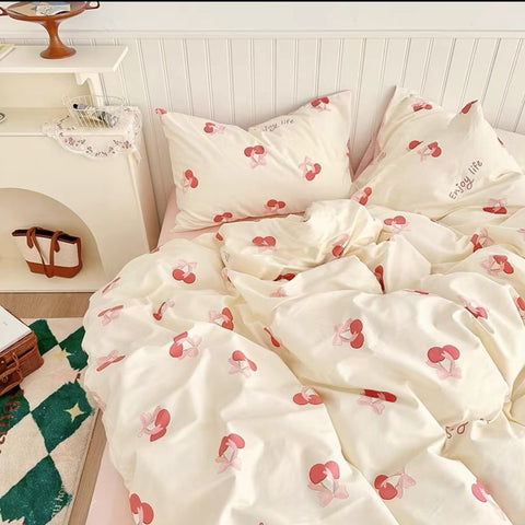 Sonicelife Ins Cream Cherry Bedding Set Cartooon Fruit Duvet Cover Polyester high quality Linen Bedroom Decor Home Textile For Girls Kids