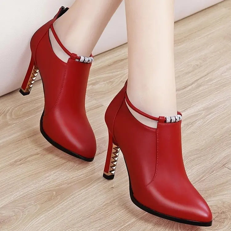 Sonicelife 2025  Great Quality Boots Women High Heels Pointed Toe Women's Shoes Red Shoes Gold Decor Thin Heels Slip-on Ladies Modern Boots
