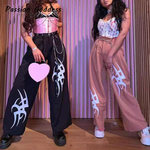 Sonicelife Elegant Women High Waist Wide Leg Pants Printed Loose Pink Trousers Gothic Black Baggy Pants Harajuku Pants Lady Streetwear