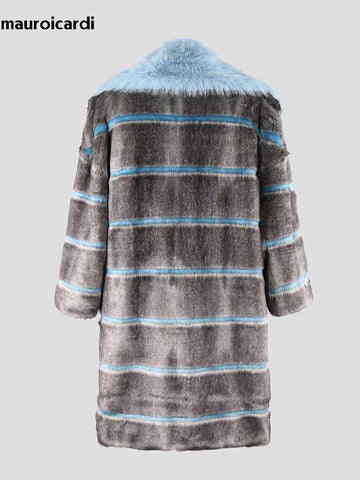 christmas outfit Sonicelife Nerazzurri Autumn Winter Long Thick Warm Blue Striped Patchwork Faux Fur Coat Women Loose Casual Luxury Chic Korean Fashion 2025