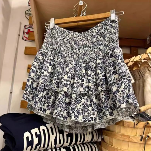 Sonicelife Sweet Floral Print Pleat Short Skirt For Women's Summer 2025 New Elastic High Waist A-line Fashion Bohemian Fluffy Skirt Y2K