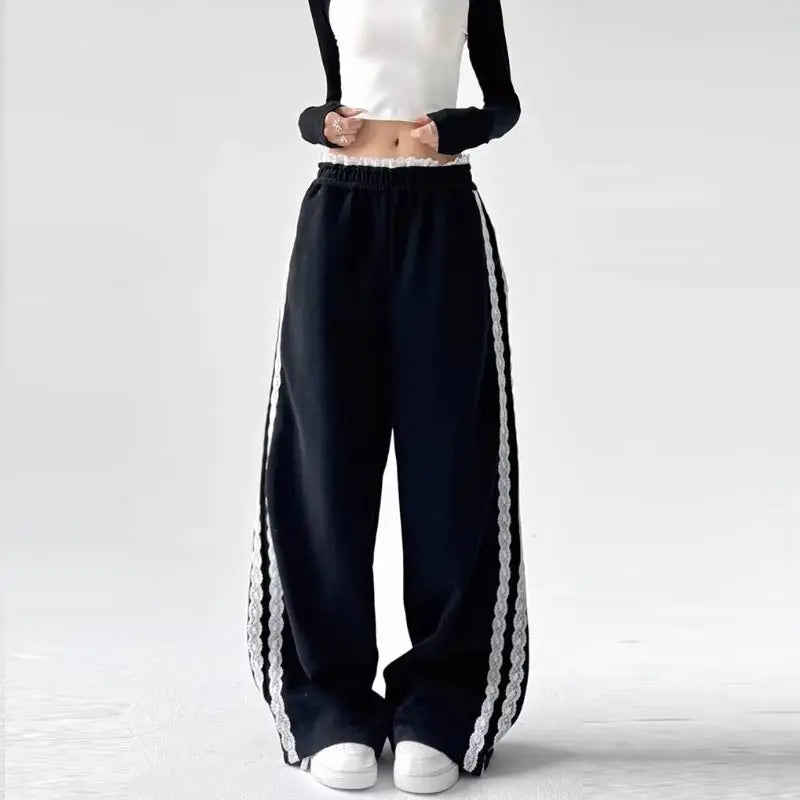 Sonicelife Lace Patchwork Sweatpants Women Y2K Streetwear High Waist Wide Leg Pants Korean Fashion Casual Elastic Waist Straight Trousers