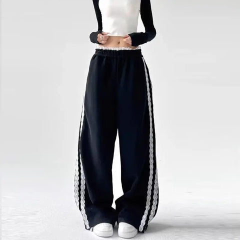 Sonicelife Lace Patchwork Sweatpants Women Y2K Streetwear High Waist Wide Leg Pants Korean Fashion Casual Elastic Waist Straight Trousers