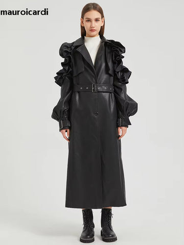 christmas outfit Sonicelife Spring Extra Long Black Ruffled Soft Faux Leather Coat Women Belt Elegant Chic Luxury Designer Clothes Overcoat 2025