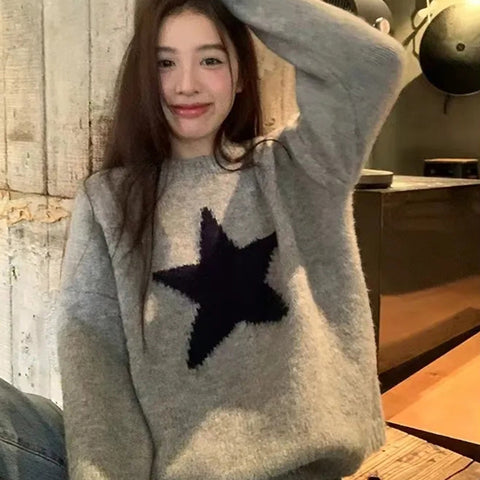 Black Friday Sonicelife Star Pullover Sweater Women Korean Fashion Loose O-Neck Warm Fall Winter Knitwear Pretty Style Hip-Hop Lazy Female Jumpers Tops