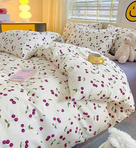 Sonicelife Cute Rabbit Bedding Set Ins Style Floral Duvet Cover No Filler Pillowcases Flat Sheet Single Full Size Girls Bed Linens