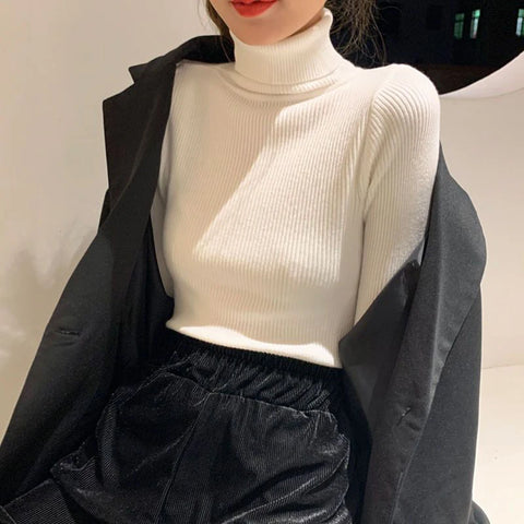 Black Friday Sonicelife Korean Turtleneck Sweater Women Casual Elegant Chic Slim Office Lady Long-Sleeved Knitted Warm Pullover Solid Bottom Shirt Tops