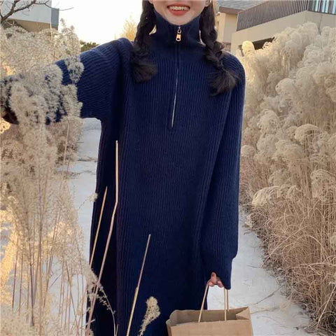 Black Friday Sonicelife Autumn Winter Turtleneck Knit Midi Dress Women Fashion Solid Zipper Sweater Pullovers Harajuku Streetwear Korean Loose Dress