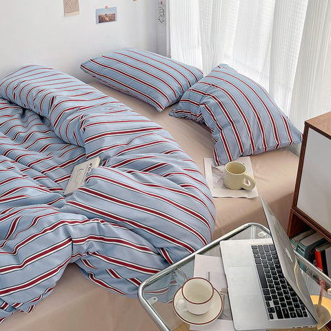 Sonicelife Simple Red and Blue Striped Duvet Cover and Four Piece Bed Sheet Set with Washed Cotton Bedding on the Bed