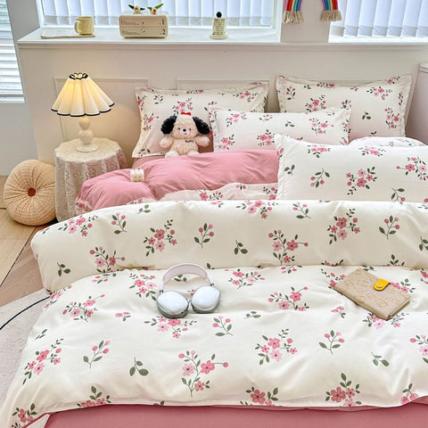 Sonicelife White Pink Bedding Set Ins Floral Twin Queen Size Duvet Cover Flat Sheet Pillowcase No Filler Girl Boy Home Dormitory Bed Linens