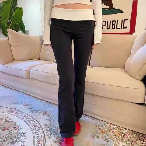 Sonicelife White Patchwork Black Fashion Pants Yoga Pants For Women High Waist Elastic Chic Casual Slim Fit Casual Y2K Long Trouser 2025