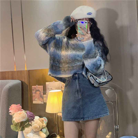 Black Friday Sonicelife Y2K Stripe Tie Dye Women Knit Short Sweaters Autumn Korean Rainbow Sweet Pullover Harajuku Streetwear All Match Crop Jumpers