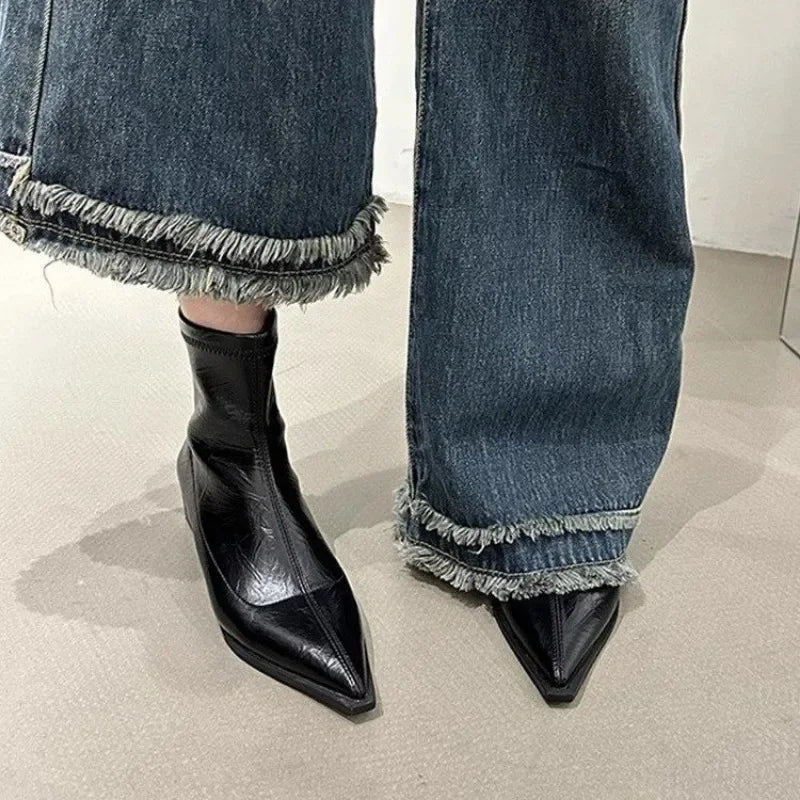 Sonicelife 2025   Women Ankle Boots Genuine Leather Zipper Chunky heel Pointed toe Autumn Winter Boots High Heels Shoes Size