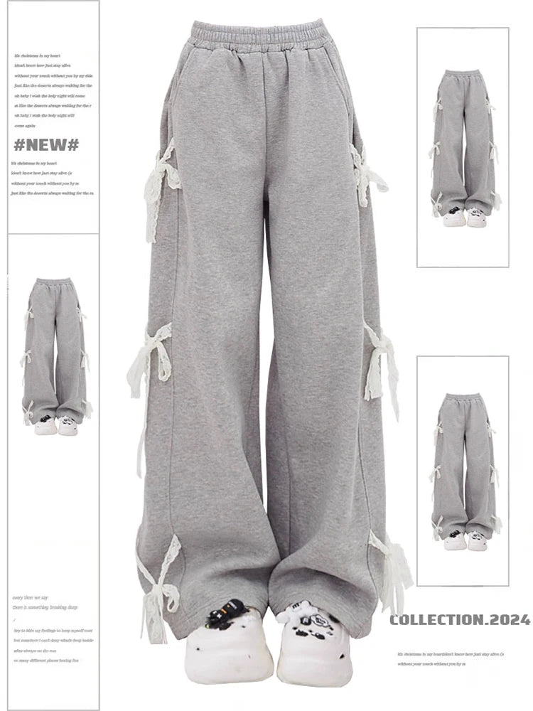 Sonicelife Women's Grey Lace Lace-up Pants Vintage Y2k Harajuku 90s Aesthetic Sweatpants Retro High Waist Wide Trousers 2000s Clothes 2025