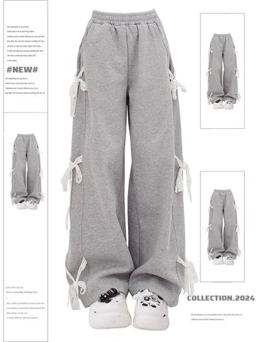 Sonicelife Women's Grey Lace Lace-up Pants Vintage Y2k Harajuku 90s Aesthetic Sweatpants Retro High Waist Wide Trousers 2000s Clothes 2025