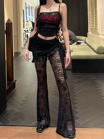 Sonicelife Gothic Dark Lace Pants Women Vintage Y2k Streetwear Emo Sexy See Through Velevt Patchwork High Waist Flare Pants Female