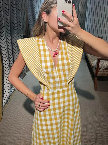 Sonicelife Fashion Plaid Print Flying Sleeve Long Dress Women V-neck Sleeveless High Waist Female Dresses 2024 Summer Lady Holiday Robe New