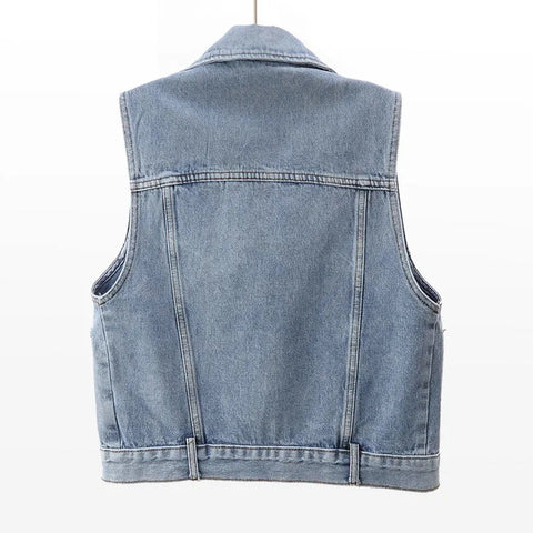 Sonicelife 2025 New Autumn Women Vest Jacket Fashion Beading Jeans Jacket Sleeveless Loose Short Blue Denim Coat Causal Waistcoats Jackets