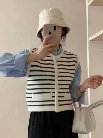 Sonicelife Vintage Striped Cardigan Vest Women Casual Harajuku Y2k Knitted Sweater Vest Fall Female Retro Korean Single Breasted Tops