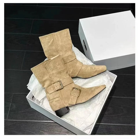 Sonicelife 2025   new fashion design khaki suede leather buckle strap pointed toe boss boots punk style goth square heel women shoes