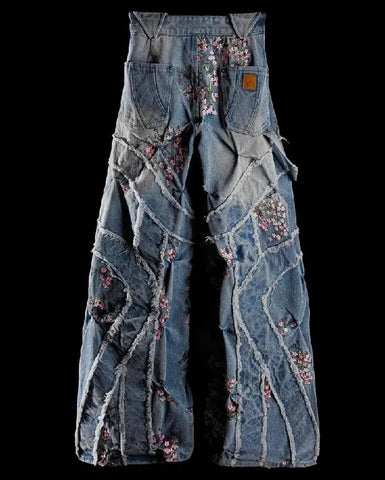 Sonicelife Y2K Men Women Street Jean New Harajuku Hip Hop Sakura Embroidered Vintage Patch Loose Raw Edge Jeans High Waisted Wide Leg Pants