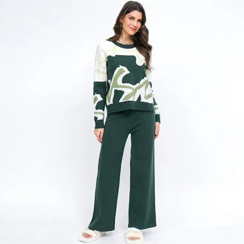 Sonicelife Knitted Pants Set Printed Long Sleeve Women Pullover Sweater and Solid Pants 2 Piece Sets Fashion Outfit Fall Winter 2024