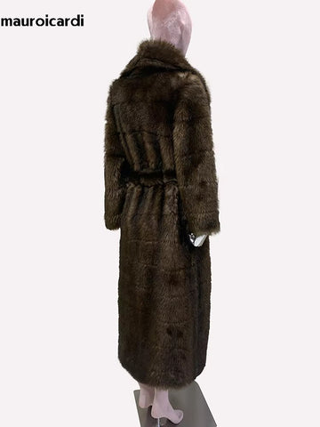 christmas outfit Sonicelife Winter Elegant Long Thick Warm Striped Fluffy Brown Faux Sable Fur Coat Women Shawl Collar Sashes Furry Overcoat