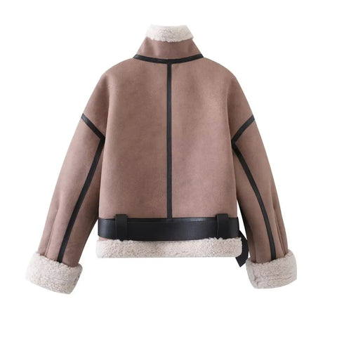 christmas outfit Sonicelife Women Warm Faux Shearling Jacket Coat Lapel Bomber Jacket with Belt Metal Zip Thick Jacket Winter Female Outerwear