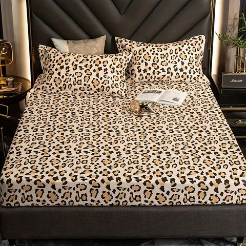 Sonicelife 3pcs Stylish Leopard Print Fitted Bed Sheet Set for Bedroom Soft and Comfortable Bedding Set Bed Sheet with Pillowcases (1pc