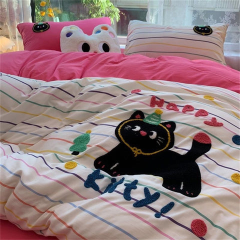 Sonicelife Korean Ins Dopamine Rainbow Embroidered Washed Cotton Bedding set Duvet Cover Home Luxury No Filling Bedding Set Bed Sheets