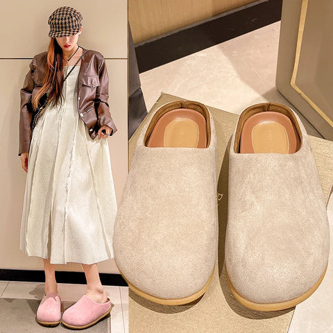 Sonicelife Cover Toe Female Shoes Loafers Slippers Flat Med Slides 2024 Soft Casual Rome PU Concise Basic Rubber Fabric Leisure Med Flat Sh