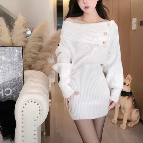 Black Friday Sonicelife Sexy Knit Dress Women Elegant Slant Shoulder Button Slim Solid Fall Winter Sweater Fashion Chic Harajuku Y2K Office Lady Dress