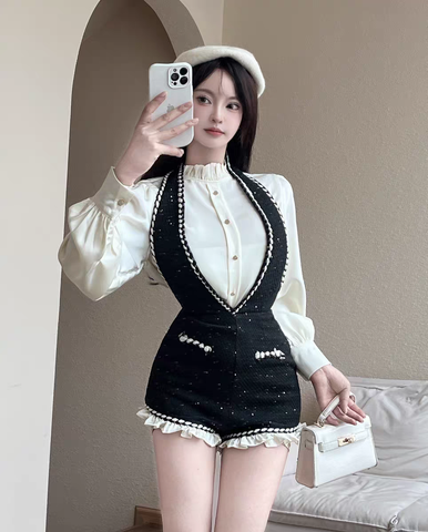Sonicelife 2025 Autumn French Sweet Hot Girl Commuting Suit Women Halter Strap Shorts Ruffled Long Sleeve Shirt Elegant Slim 2 Piece Set