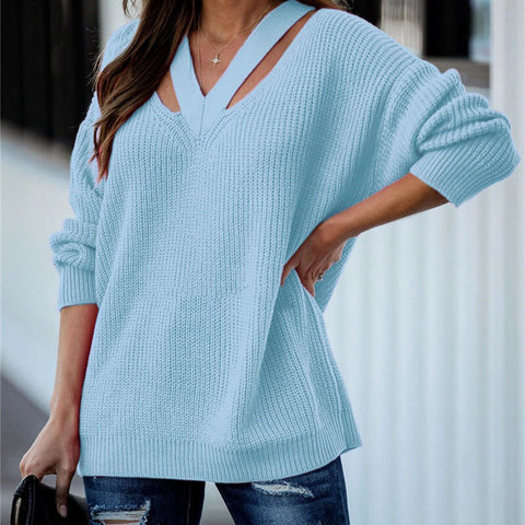 Sonicelife Hollow Out V Neck Sweaters Women Streetwear American Retro Loose Knitted Pullovers Fall Long Sleeve Oversize Casual Jumpers