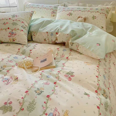 Sonicelife Floral Bedding Set Ins Korean Style Girls Full Queen Size Duvet Cover Flat Sheet Pillowcase No Filler Soft New Home Bed Linens