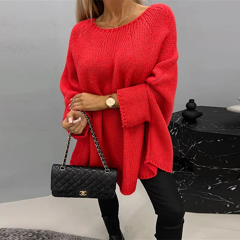 christmas outfit Sonicelife Knitted Women Solid Sweater Elegant Loose Batwing Sleeve Long Y2k Sweater 2025 Women Spring Warm Soft Pullover Fashon Streetwear