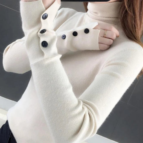 Sonicelife Women Turtleneck Solid Warm Sweater Buttons Long Sleeve Knit Basic Pullover Slim Office Jumper For Women 2024 Autumn Winter