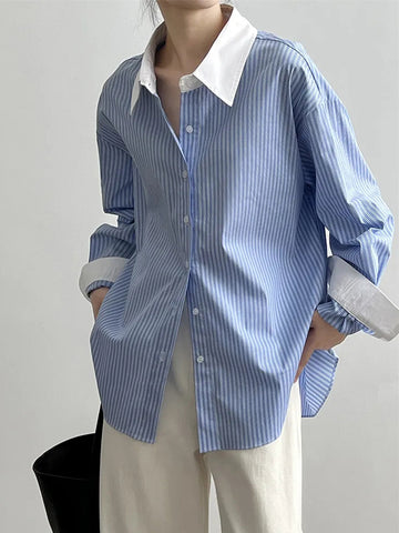 Sonicelife Elegant Women Striped Shirt Korean Casual Long Sleeve Patchwork Blouse Vintage Loose Female Fall Simple Sweet Retro Tops