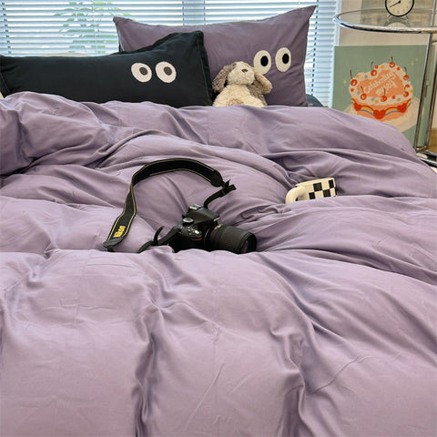 Sonicelife Ins Purple Black Big Eye Solid Color Bedding Set Girls Boys Double Size Flat Sheet Duvet Cover Pillowcase Bed Linen Home Textile