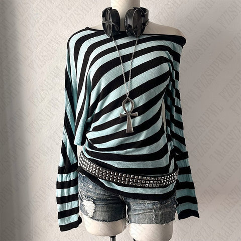 Sonicelife Y2K streetwear fashion Harajuku Women autumn and winter long sleeve 2000s casual vintage striped sexy Punk hip hop tops emo girl