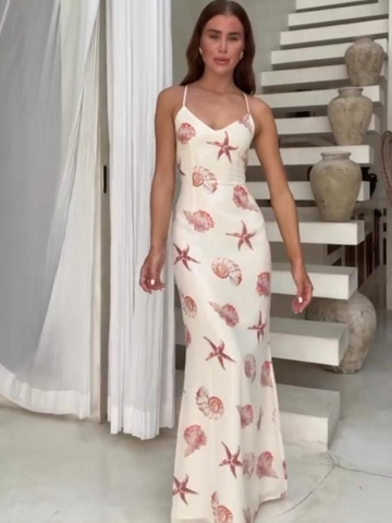 Sonicelife Brown Starfish Printed Ruffle Hem Dress Women Elegant Backless Sling Long Dresses 2025 Summer Lady Vocation Causal Vestidos New